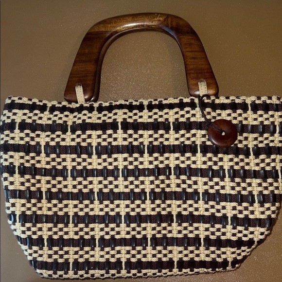 Vintage ‘The Sak’ Woven Handbag in Dark Brown and Tan with Wooden Handles